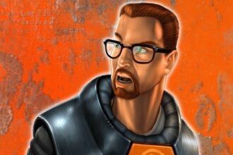 Valve turns 30: a man wearing an environmental protection suit looks shocked.
