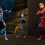 Three Guild Wars 2 characters emote, giving thumbs up and leaning against a wall