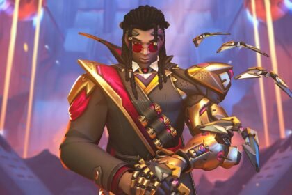 An image of Doctrine from Overwatch, a Black man with dreadlocks wearing a military-style uniform with golden trims and red glasses
