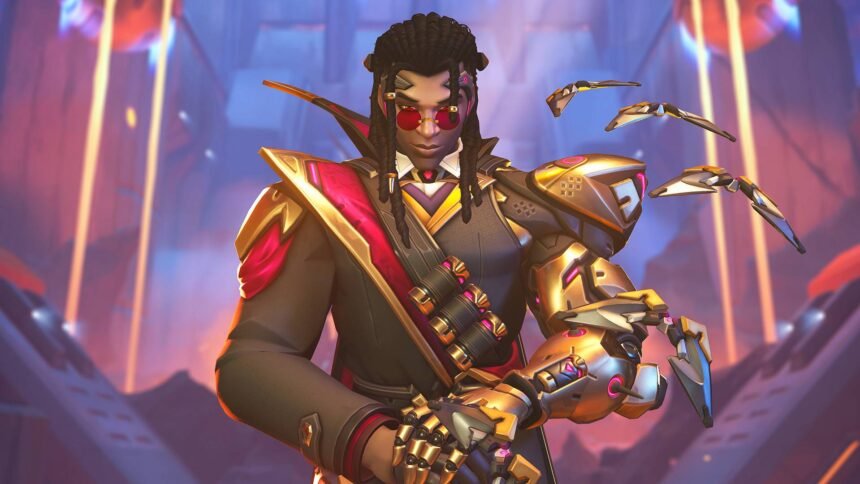An image of Doctrine from Overwatch, a Black man with dreadlocks wearing a military-style uniform with golden trims and red glasses