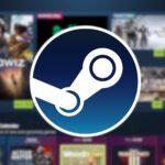 The Steam logo imposed over a blurred out image of the Steam storefront showing the discounts and events section