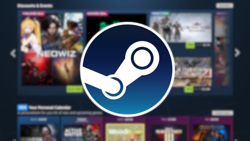 The Steam logo imposed over a blurred out image of the Steam storefront showing the discounts and events section