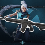 Valorant's Warden Rifle outlined above artwork of the Agent Jett, a woman with white hair wielding floating blades
