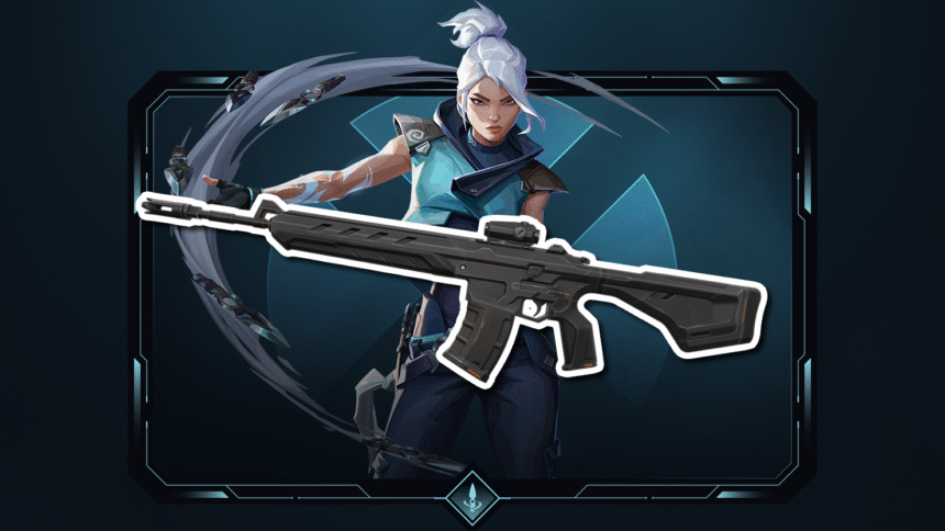 Valorant's Warden Rifle outlined above artwork of the Agent Jett, a woman with white hair wielding floating blades