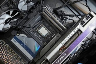 A shot focusing on an Intel CPU within an open gaming PC