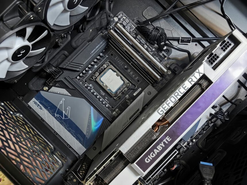 A shot focusing on an Intel CPU within an open gaming PC