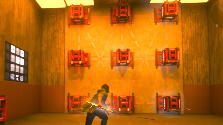 Nine red boxes on a yellow wall in Control Resonant.