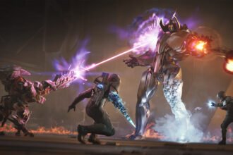 Three characters fighting a boss in Exodus.