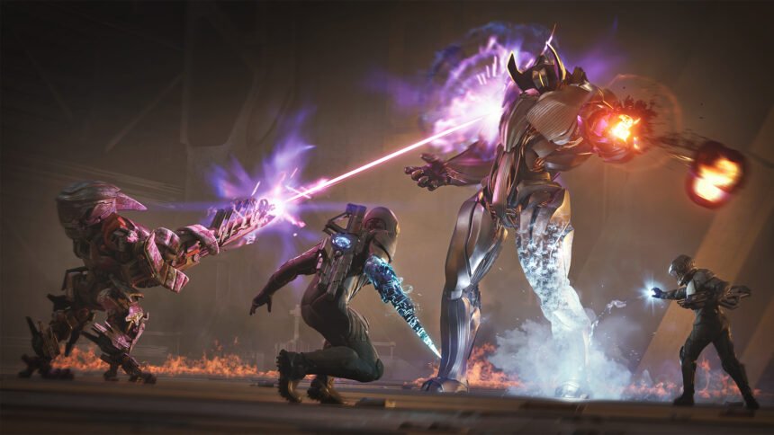 Three characters fighting a boss in Exodus.