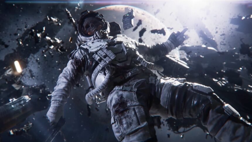 Nikita Buyanov's next game, Fragmentary Order, is "ten Tarkovs." EFT was "just a test.": A skeleton in an astronaut outfit floating through space surrounded by rubble