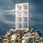 An image of a white Kallax storage unit from IKEA sitting on top of a mountain of clutter in a mountain range area