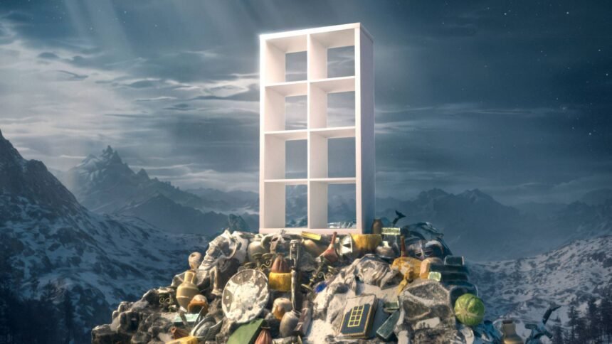 An image of a white Kallax storage unit from IKEA sitting on top of a mountain of clutter in a mountain range area