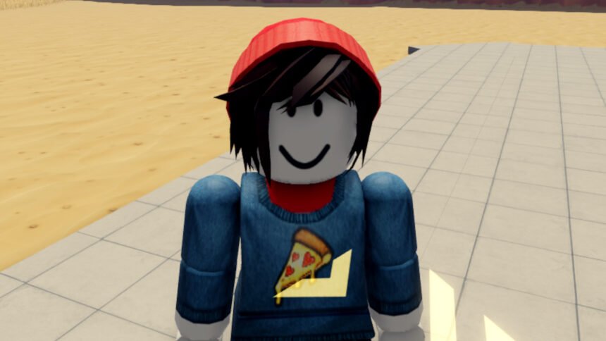 Military Army Tycoon codes: A Roblox character in a red beanie and pizza shirt standing on a tycoon plot in the desert