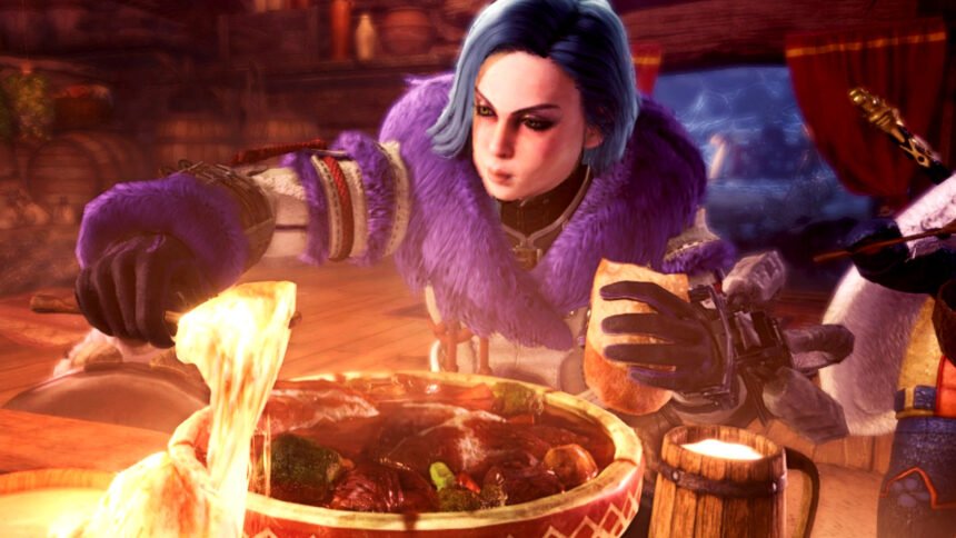 Monster Hunter Wilds Seamless Co-op mod lets you play the RPG without annoying interruptions - A hunter eats food in the Iceborne DLC.