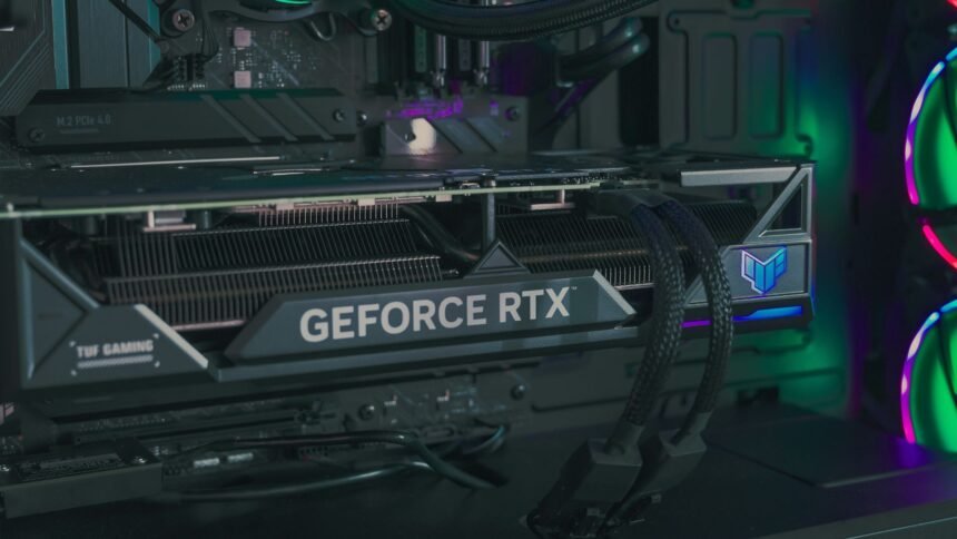 A closeup of an RTX 30 series GPU within a gaming PC build
