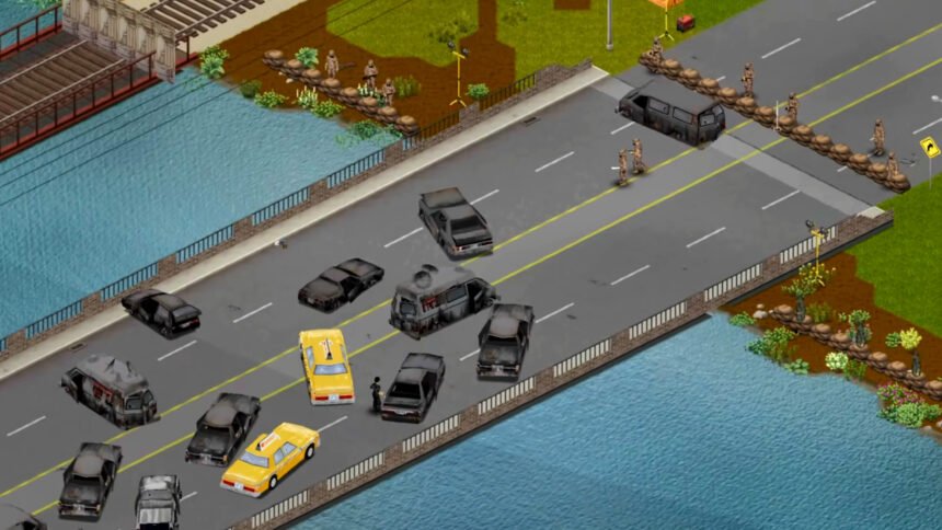 Project Zomboid A-Life mod adds Stalker inspired NPC factions to the zombie survival game - Cars on a bridge approaching a military checkpoint.