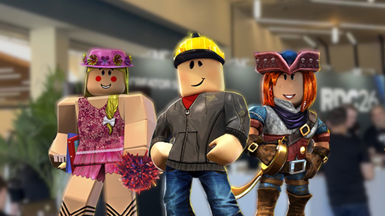 Roblox future 2026 - three characters against a blurry picture of RDC