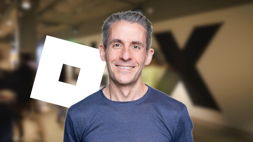 Roblox RDC 2026 - Nick Tornow with the Roblox logo against a blurry picture of the offices