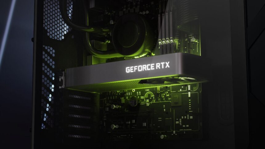 Closeup of a dark grey graphics card with white 'GeForce RTX' backlighting within a PC build