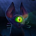 An alien cat with one eye and large bat-like ears with smaller ears within them is somehow still cute as it sits within a cave in Satisfactory's Core Values DLC