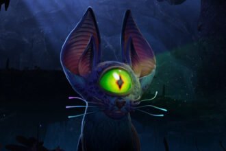 An alien cat with one eye and large bat-like ears with smaller ears within them is somehow still cute as it sits within a cave in Satisfactory's Core Values DLC