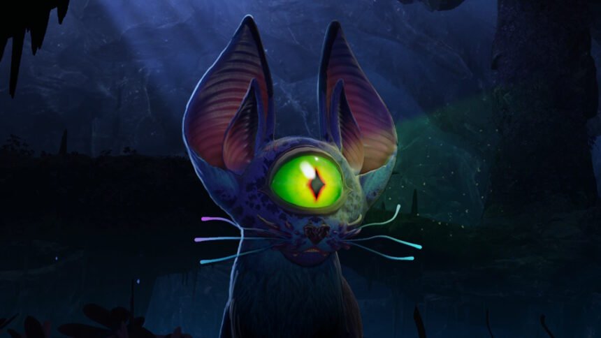 An alien cat with one eye and large bat-like ears with smaller ears within them is somehow still cute as it sits within a cave in Satisfactory's Core Values DLC