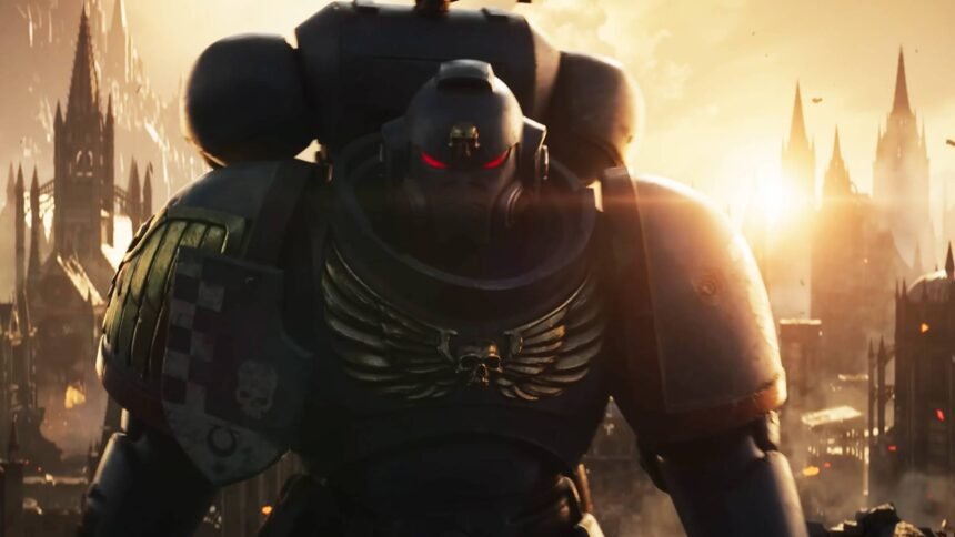 The Emperor would approve of Total War Warhammer 40k, Creative Assembly says. I can't help but agree.: An image of a Space Marine from Total War: Warhammer 40k standing in front of a sunset with cathedral-like buildings