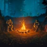 An image of two Viking warriors sitting at a campfire in a dark forest area, a deer and goblin creatures watching them