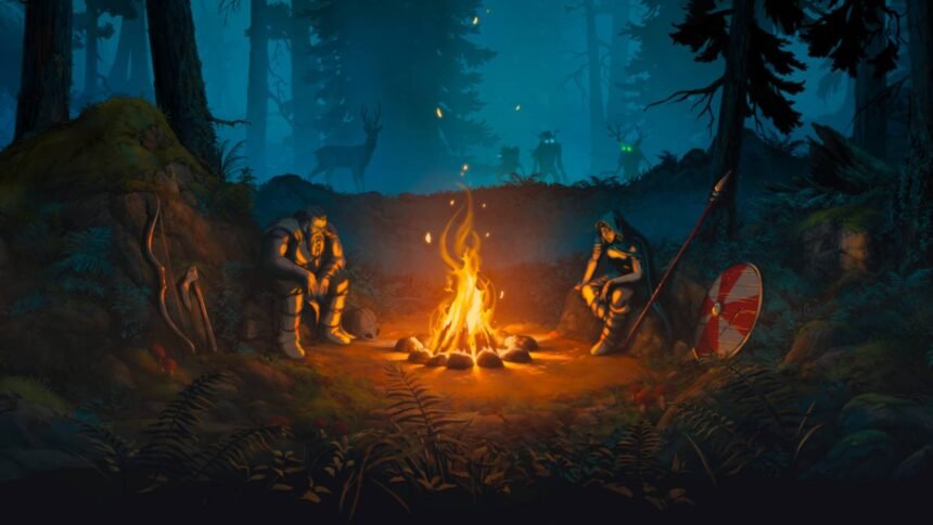 An image of two Viking warriors sitting at a campfire in a dark forest area, a deer and goblin creatures watching them