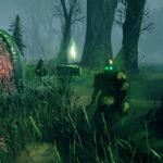 A swamp biome with a runestone and draugr in Valheim