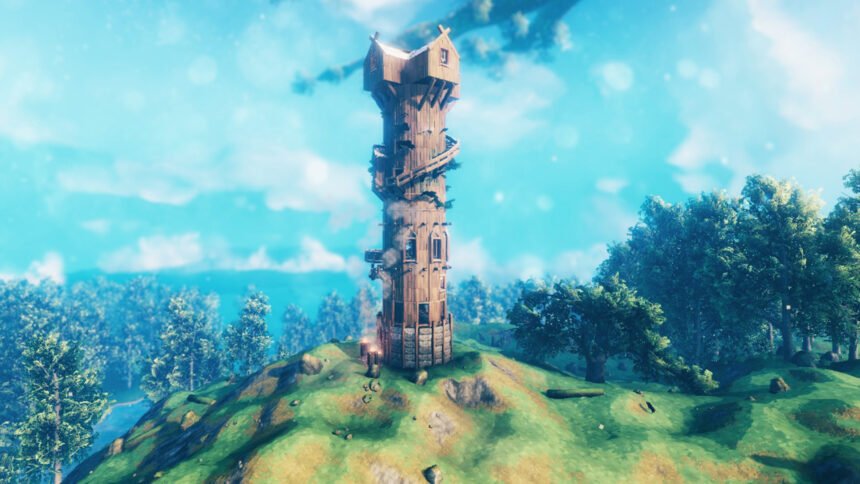 Valheim mods: A large structure surrounded by several trees in Valheim