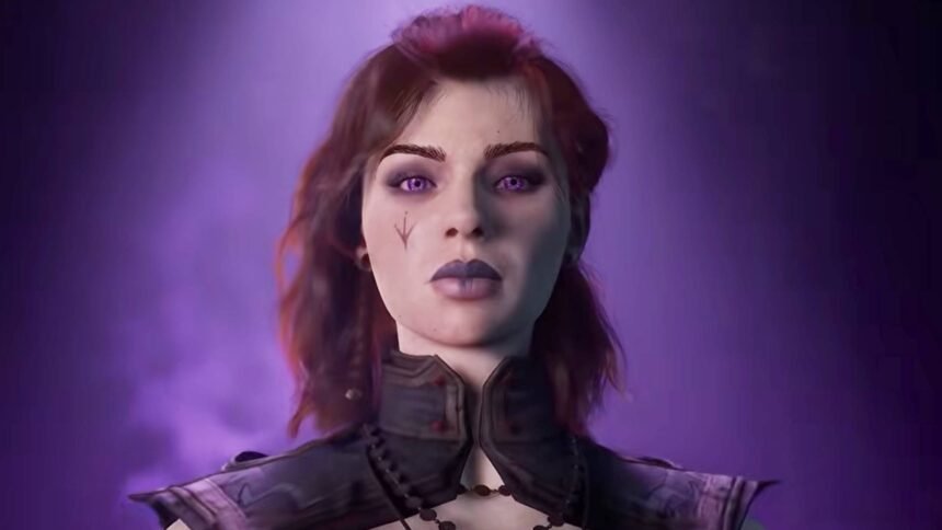 Building a D&D game post-BG3: Why Warlock wants you to "feel like you're cheating": An image of Tasha from Warlock, a woman with pale skin, purple makeup, and ginger hair on a purple background