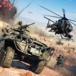 Battlefield 6 Season 5: an armored car drives at pace down a dusty road with a helicopter in pursuit.