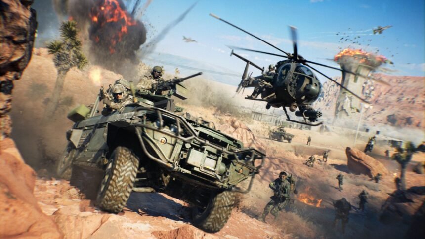 Battlefield 6 Season 5: an armored car drives at pace down a dusty road with a helicopter in pursuit.