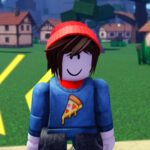 CloverFall codes: A Roblox character in a red beanie and pizza shirt standing in a village