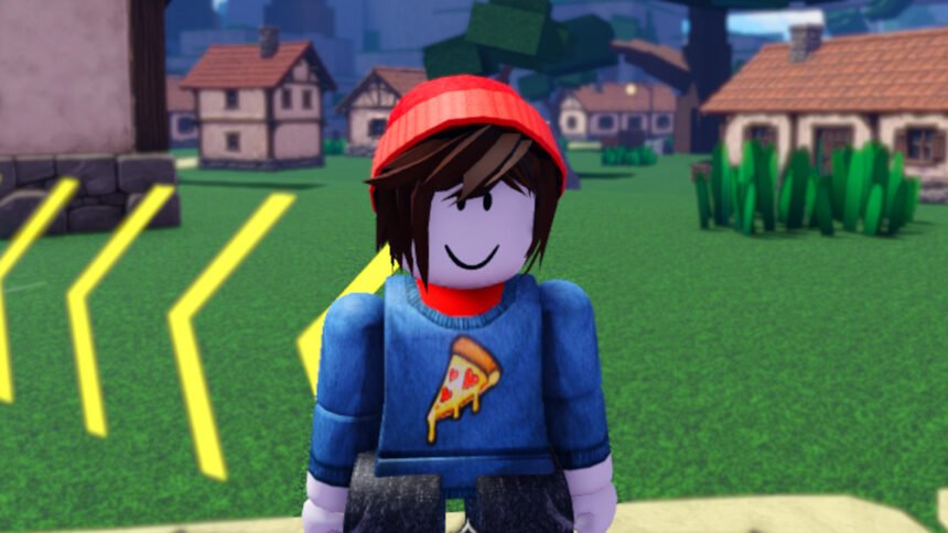 CloverFall codes: A Roblox character in a red beanie and pizza shirt standing in a village