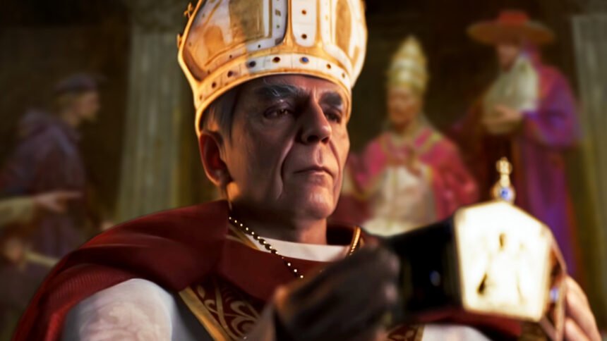Crusader Kings 3 By God Alone overhauls religion in the medieval grand strategy game - A man in Papal uniform readies a ruler's crown.