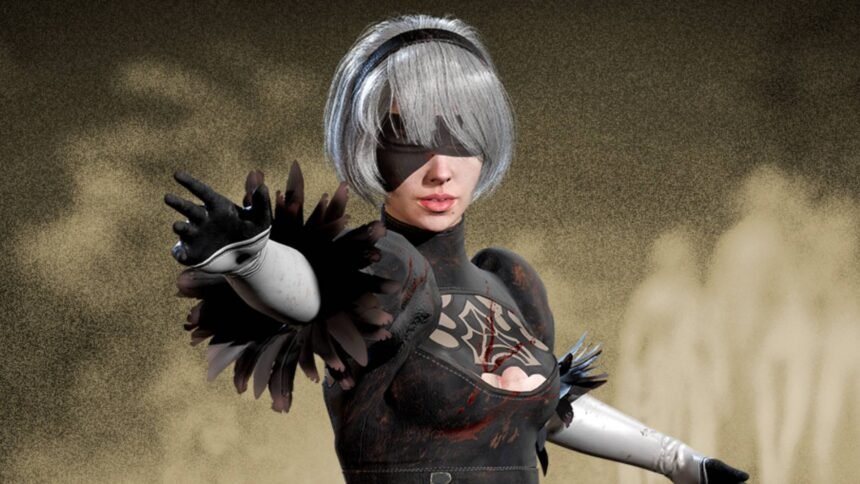 Dead by Daylight's Nier Automata crossover brings 2B to The Fog, and I really hope this heralds a sequel: An image of Feng Min as 2B in Nier Automata, a woman with short silver hair and a blindfold wearing a black, frilly dress
