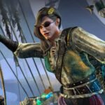 An image of a woman wearing a pirate's eyepatch and clothing holding up her sword while standing on a boat