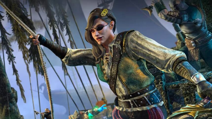 An image of a woman wearing a pirate's eyepatch and clothing holding up her sword while standing on a boat