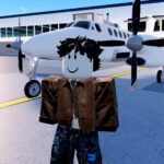 Flight World codes - Roblox figure in a leather jacket standing in front of a plane