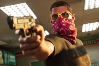 GTA 6 weapons: a man wearing a red bandana over his mouth and yellow sunglasses points a gun at another person off-screen.