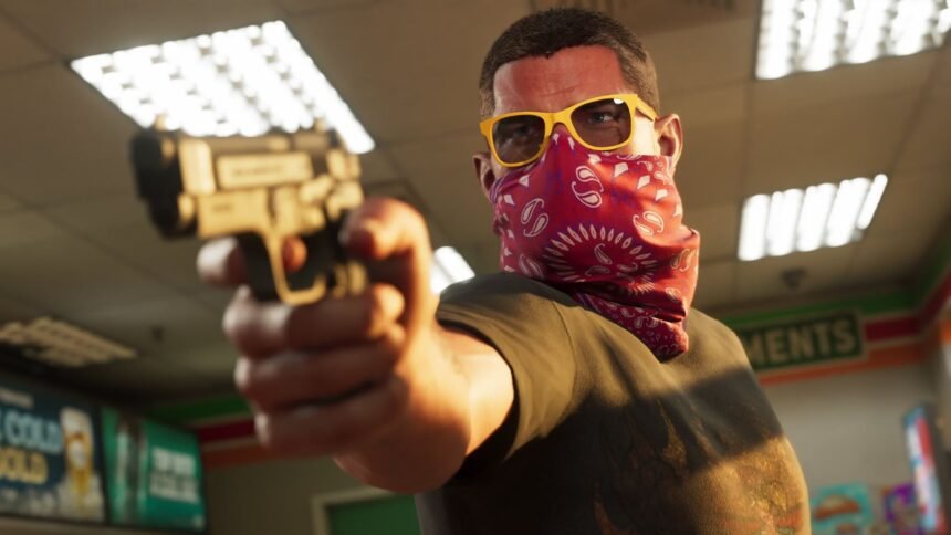 GTA 6 weapons: a man wearing a red bandana over his mouth and yellow sunglasses points a gun at another person off-screen.