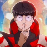 An anime version of Faker raises a finger to his lips wearing a high-necked red jacket with colorful aura behind him