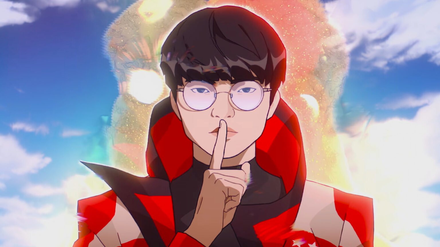 An anime version of Faker raises a finger to his lips wearing a high-necked red jacket with colorful aura behind him