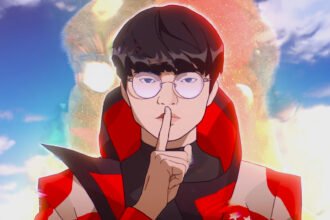 An anime version of Faker raises a finger to his lips wearing a high-necked red jacket with colorful aura behind him