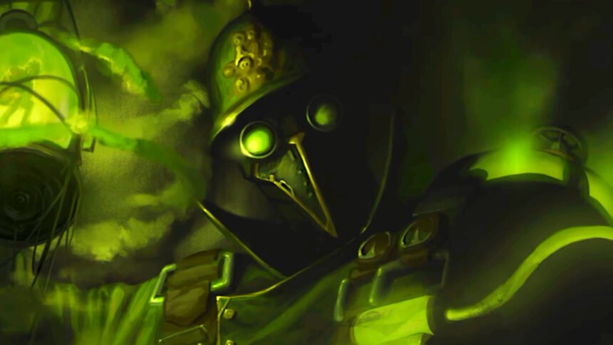 March of Giants - New character Pandemos, highlighted in toxic green hues.