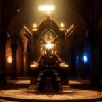 An image of a player sitting on a throne in a darkened room, a golden halo above their head