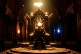 An image of a player sitting on a throne in a darkened room, a golden halo above their head