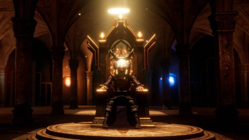 An image of a player sitting on a throne in a darkened room, a golden halo above their head